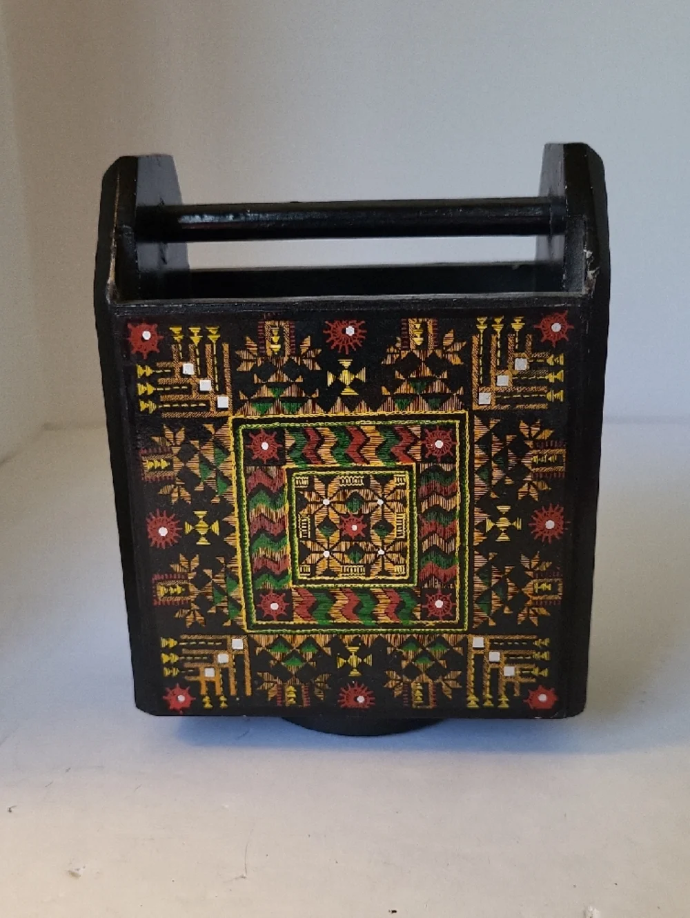 Black Wooden Desk Caddy with Ukranian Folk Design